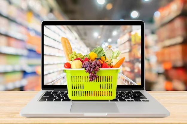 Corredor de Supermercado fundos Cestas de Compras em frente ao computador