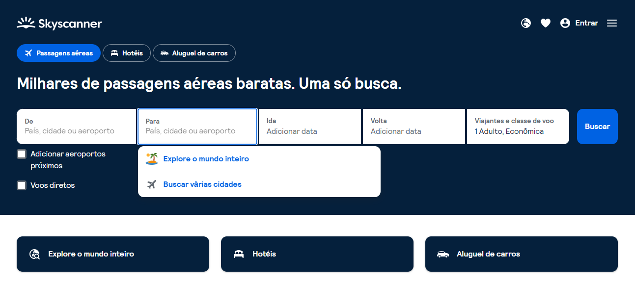 Tela de pesquisa - Passagem aérea - Skyscanner