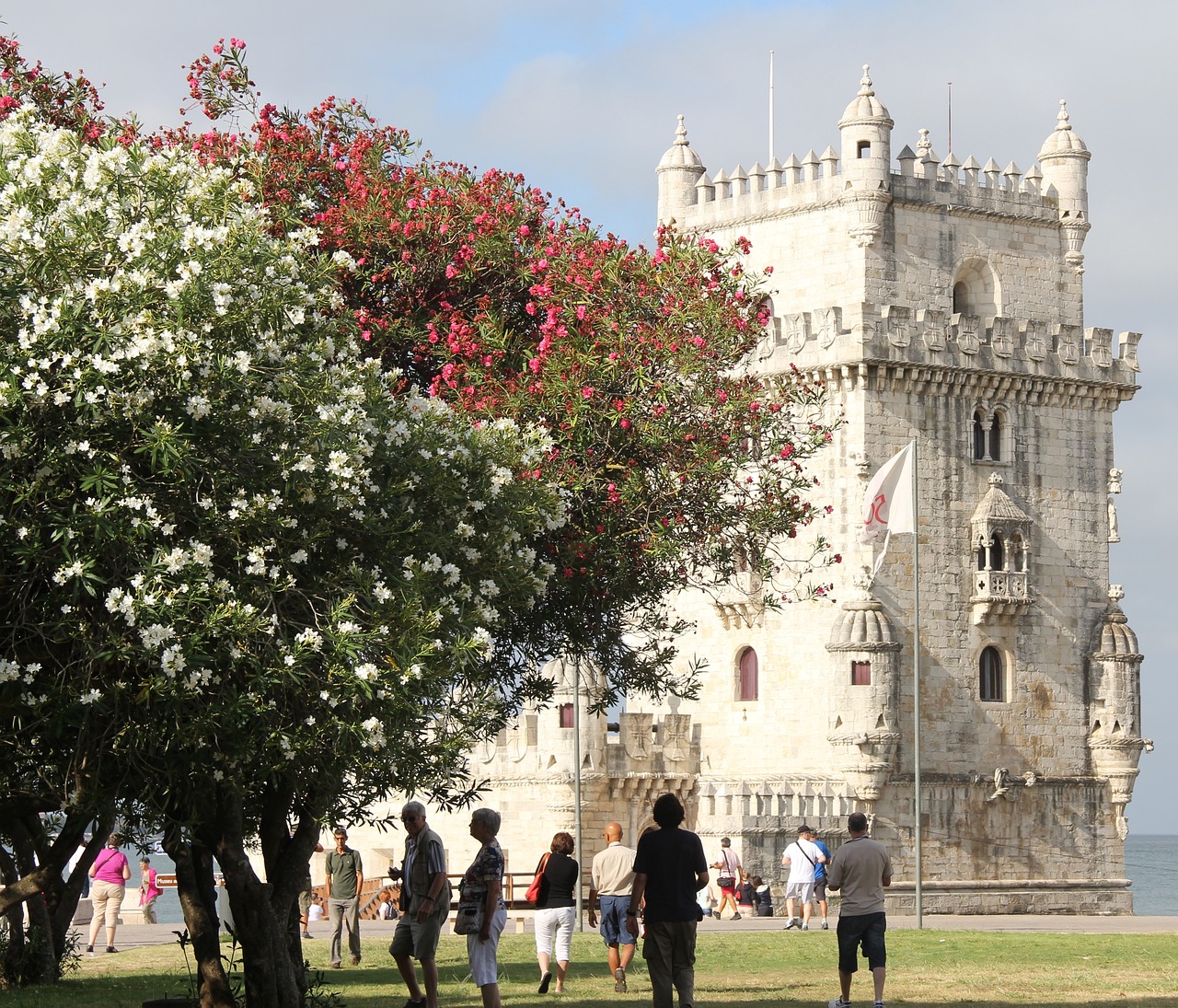 Árvores floridas na Torre de Belém, em Lisboa, durante a primavera.