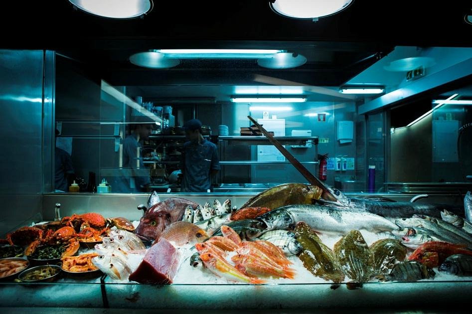 Vitrine da Sea Me Peixaria Moderna com peixes no gelo