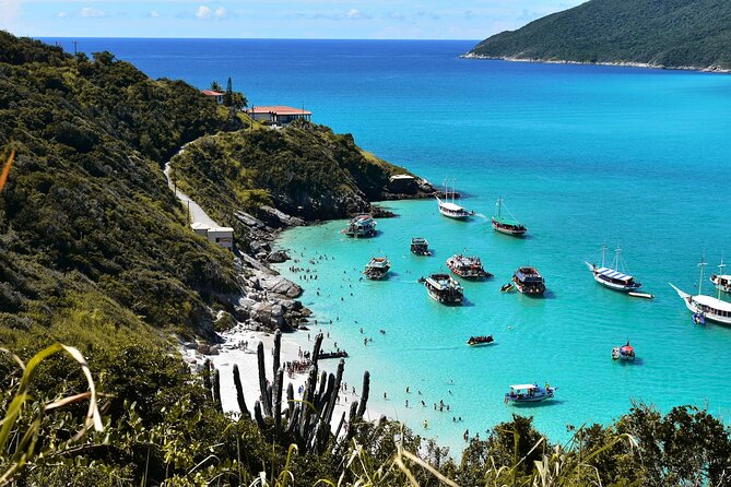 Praia de Arraial do Cabo - barcos no mar e vegetação