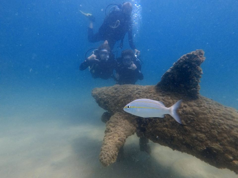 mergulhadores e Escultura de tubarão no fundo do mar em Búzios