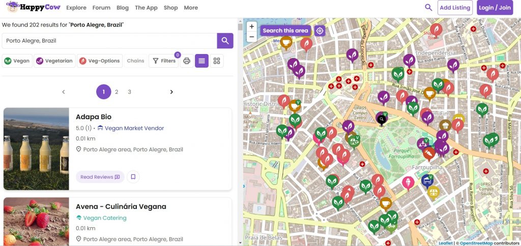 Site HappyCow - mapa e nomes de restaurantes